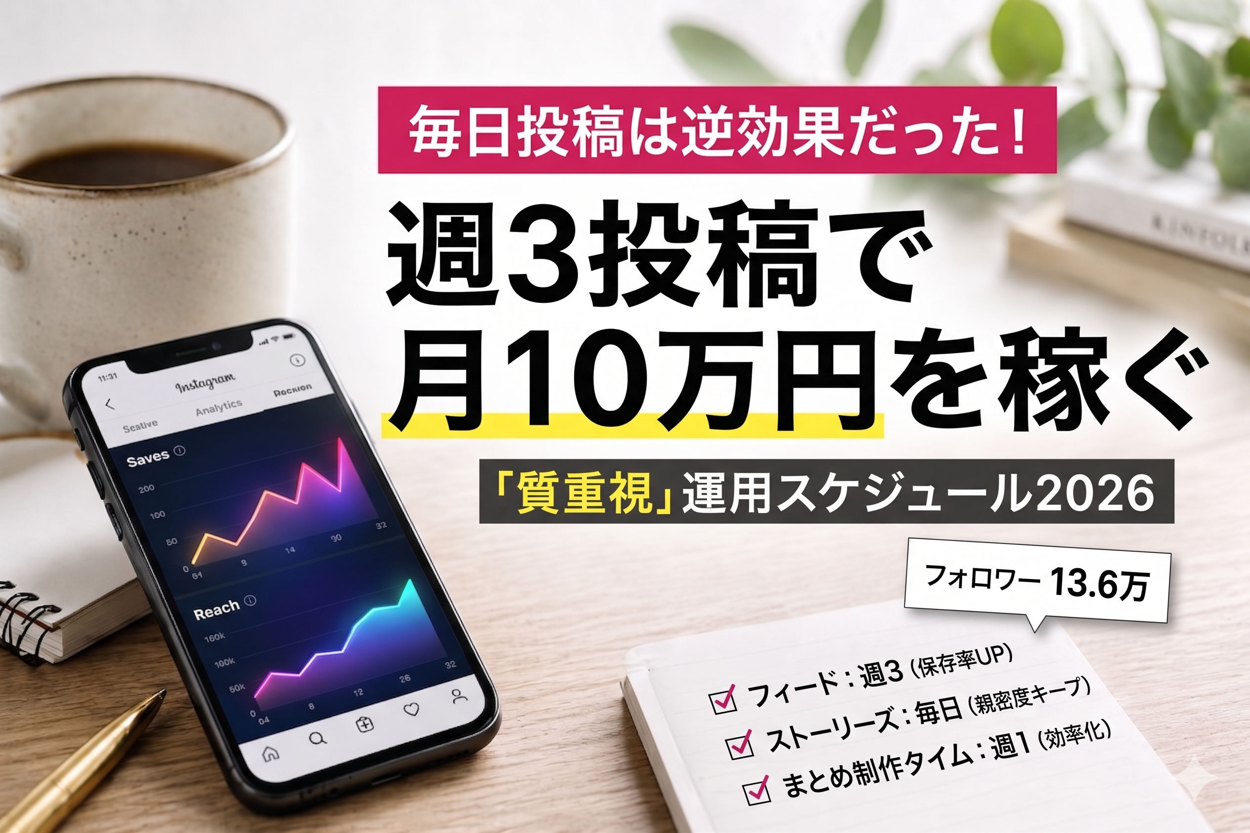 毎日投稿は逆効果だった！週3投稿で月10万円を稼ぐ「質重視」運用スケジュール2026